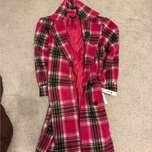 Aqua Pink Plaid Trench Coat